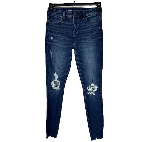 American Eagle SZ 4 High-Rise Jeggings Dream Jeans Whiskered Distressed Stretch - Picture 1 of 12